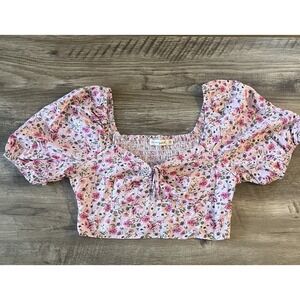 Live To Be Spoiled Juniors Top Blouse Pink Floral Tie Front Size L